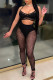 Black Fashion Sexy Patchwork See-through Backless Spaghetti Strap Sleeveless Two Pieces