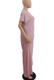Pale Red Casual Solid Patchwork Buckle O Neck Loose Jumpsuits