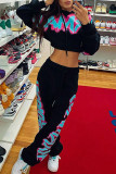 Black Street Print Patchwork Hooded Collar Long Sleeve Two Pieces