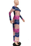Multicolor Casual Striped Print Split Joint Zipper Collar One Step Skirt Dresses