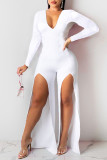 Red Casual Simplicity Solid Patchwork Slit V Neck Straight Jumpsuits