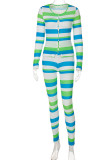Green Street Striped Print Patchwork O Neck Long Sleeve Two Pieces