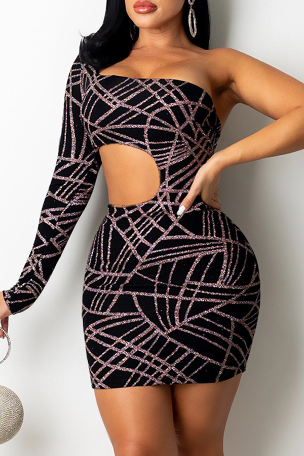 Pink Sexy Print Patchwork One Shoulder Pencil Skirt Dresses