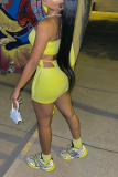 Yellow Sexy Solid Patchwork Strapless Long Sleeve Three Pieces