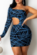 Blue Sexy Print Patchwork One Shoulder Pencil Skirt Dresses