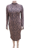 Leopard Print Sexy Print Leopard Patchwork Without Belt O Neck One Step Skirt Plus Size Dresses(Without Belt)