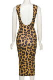 Leopard Print Sexy Casual Print Leopard Backless O Neck Sleeveless Dress