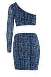 Blue Fashion Sexy Print Patchwork One Shoulder Long Sleeve Two Pieces