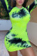 Green Yellow Street Tie Dye O Neck One Step Skirt Dresses