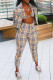 Khaki Fashion Casual Plaid Print Cardigan Vests Pants Turndown Collar Long Sleeve Three-piece Set