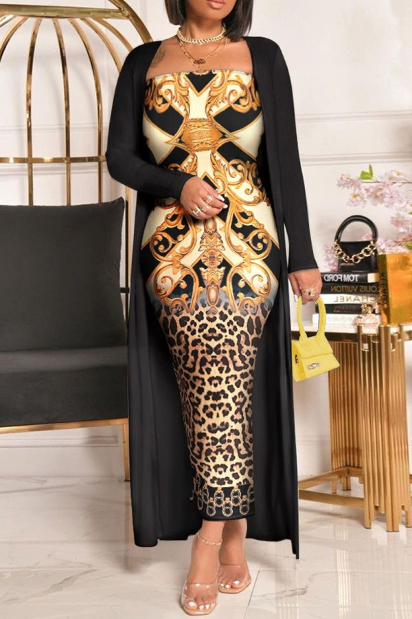 Black Fashion Celebrities Print Patchwork Strapless Long Sleeve Two Pieces