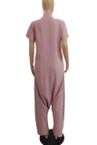 Pale Red Casual Solid Patchwork Buckle O Neck Loose Jumpsuits