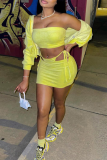 Yellow Sexy Solid Patchwork Strapless Long Sleeve Three Pieces