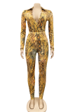 Apricot Sexy Print Split Joint Turndown Collar Long Sleeve Two Pieces