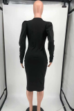 Black Sexy Solid Buckle O Neck Waist Skirt Dresses