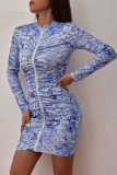 Blue Fashion Street Print Fold Zipper Collar One Step Skirt Dresses