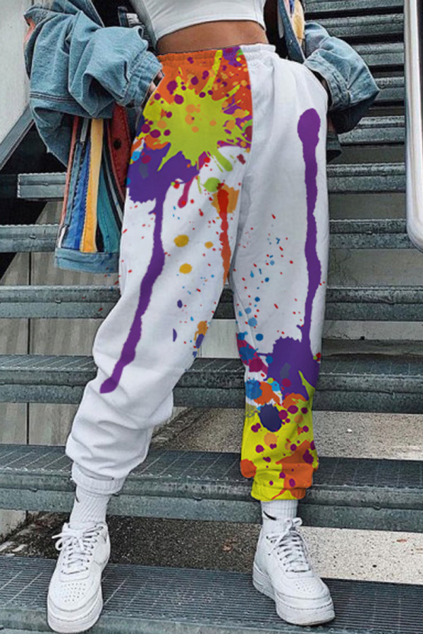 White Fashion Casual Print Patchwork Regular High Waist Trousers
