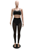 Black Fashion Sexy Patchwork See-through Backless Spaghetti Strap Sleeveless Two Pieces