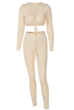 Apricot Sexy Solid Patchwork V Neck Long Sleeve Two Pieces