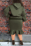 Army Green Casual Solid Patchwork Pocket Fold Hooded Collar Plus Size Two Pieces