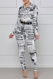 Blue Fashion Street Print Patchwork Turndown Collar Jumpsuits