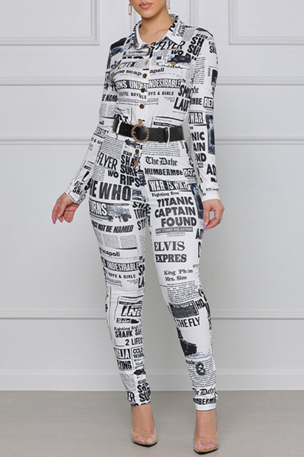 White Fashion Street Print Patchwork Turndown Collar Jumpsuits