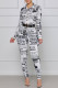 White Fashion Street Print Patchwork Turndown Collar Jumpsuits