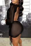 Blue Sexy Solid Mesh V Neck Long Sleeve Two Pieces