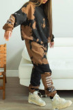Black Brown Fashion Casual Letter Print Tie-dye Hooded Collar Long Sleeve Two Pieces