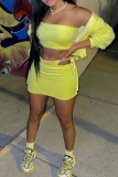 Yellow Sexy Solid Patchwork Strapless Long Sleeve Three Pieces