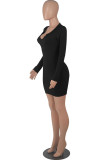 Black Fashion Casual Solid Split Joint V Neck One Step Skirt Dresses
