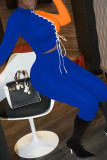 Orange Blue Casual Solid Patchwork Frenulum O Neck Long Sleeve Two Pieces