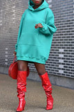 Red Fashion Casual Solid Zipper Hooded Collar Long Sleeve Dresses