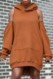 Red Fashion Casual Solid Zipper Hooded Collar Long Sleeve Dresses