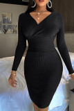 Black Casual Solid Patchwork V Neck Pencil Skirt Dresses