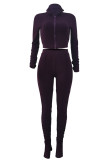 Coffee Casual Solid Patchwork Fold Zipper Zipper Collar Long Sleeve Two Pieces