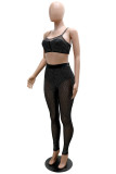 Black Fashion Sexy Patchwork See-through Backless Spaghetti Strap Sleeveless Two Pieces