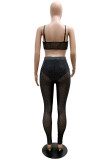 Black Fashion Sexy Patchwork See-through Backless Spaghetti Strap Sleeveless Two Pieces