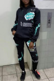 Black Fashion Casual Print Basic Hooded Collar Long Sleeve Two Pieces
