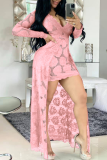Pink Sexy Patchwork Lace V Neck Irregular Dress Dresses