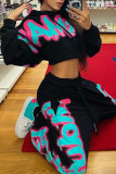 Black Street Print Patchwork Hooded Collar Long Sleeve Two Pieces