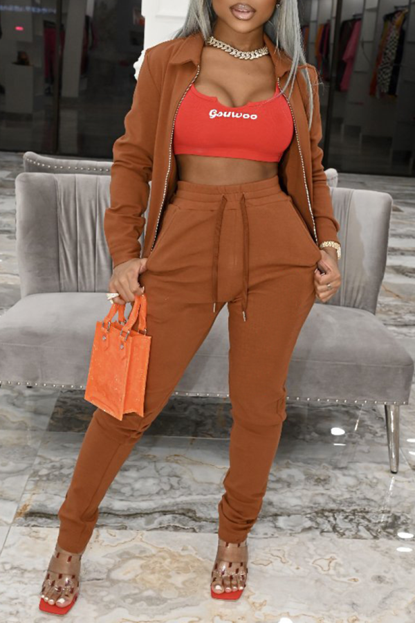 Brown Casual Solid Patchwork Turndown Collar Long Sleeve Two Pieces