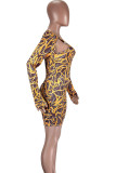 Yellow Sexy Print Hollowed Out Patchwork O Neck Skinny Jumpsuits