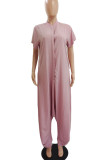 Pale Red Casual Solid Patchwork Buckle O Neck Loose Jumpsuits