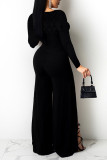 Red Casual Simplicity Solid Patchwork Slit V Neck Straight Jumpsuits