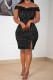 Black Fashion Sexy Patchwork Sequins Slit Off the Shoulder Evening Dress