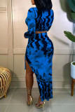 Blue Sexy Print Split Joint Draw String High Opening Asymmetrical O Neck Long Sleeve Two Pieces