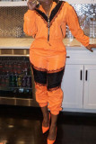 Tangerine Casual Solid Lace Patchwork Zipper Collar Long Sleeve Two Pieces