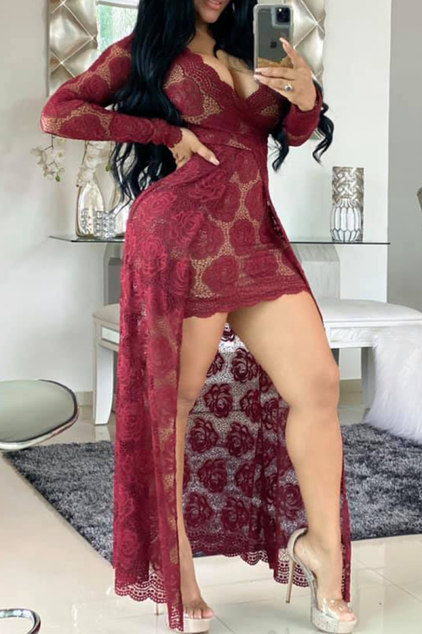 Burgundy Sexy Patchwork Lace V Neck Irregular Dress Dresses
