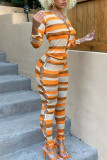Green Street Striped Print Patchwork O Neck Long Sleeve Two Pieces